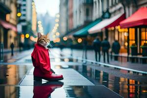 a cat in a red coat sitting on the sidewalk. AI-Generated photo