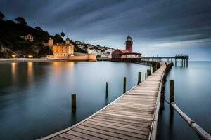 a pier with a lighthouse in the background. AI-Generated photo