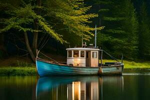 a boat is floating on the water in front of a forest. AI-Generated photo