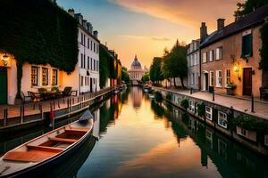 a boat is sitting on a canal at sunset. AI-Generated photo