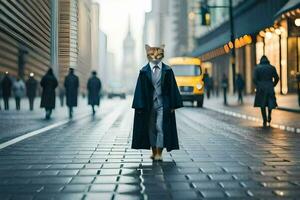 un gato vestido en un traje y Corbata caminando abajo un ciudad calle. generado por ai foto