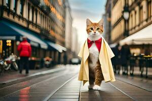 a cat dressed in a yellow coat and red bow tie. AI-Generated photo