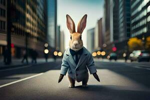 a rabbit dressed in a suit and tie standing on the street. AI-Generated photo