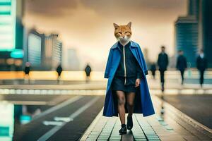 un mujer vistiendo un azul Saco y un gato mascarilla. generado por ai foto