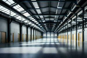 a large warehouse with lots of windows and doors. AI-Generated photo