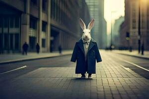 a rabbit in a suit and tie standing on a street. AI-Generated photo