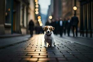 a dog is standing on a brick road in a city. AI-Generated photo