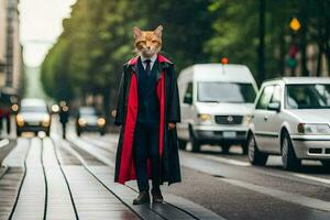 a fox wearing a suit and tie on the street. AI-Generated photo