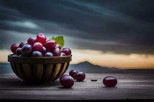 grapes in a bowl on a wooden table. AI-Generated photo