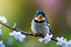 a small bird is sitting on a branch with flowers. AI-Generated photo