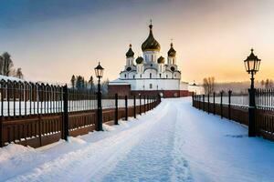 a snowy road leads to a church in the winter. AI-Generated photo