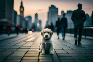 a dog sitting on the sidewalk in front of a city. AI-Generated photo