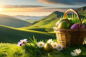 Pascua de Resurrección huevos en un cesta en un ladera. generado por ai foto