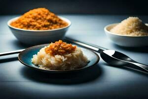a bowl of rice, a spoon and a bowl of rice. AI-Generated photo