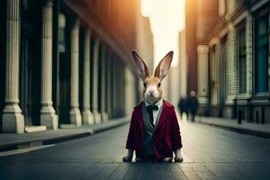 a rabbit wearing a suit and tie sits on the street. AI-Generated photo