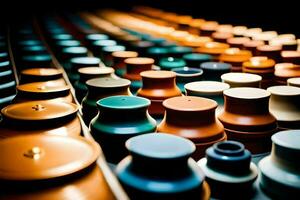 a row of colorful pots and lids. AI-Generated photo