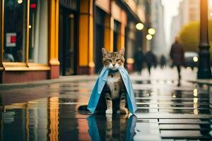 un gato vistiendo un azul capa en un lluvioso calle. generado por ai foto