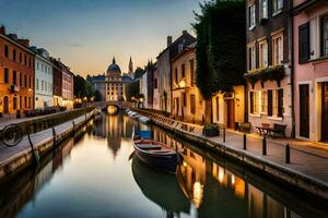 a canal in the middle of a city at sunset. AI-Generated photo