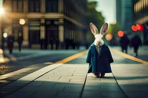 a rabbit wearing a blue coat stands on a street. AI-Generated photo