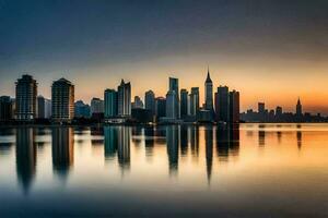 the city skyline is reflected in the water at sunset. AI-Generated photo