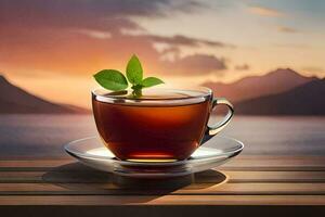 a cup of tea on a wooden table with a view of the sunset. AI-Generated photo