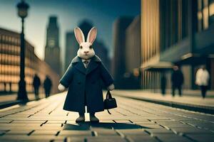 a rabbit in a suit and tie standing on a street. AI-Generated photo