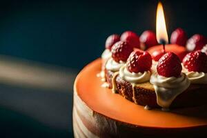 a close up of a cake with a candle. AI-Generated photo