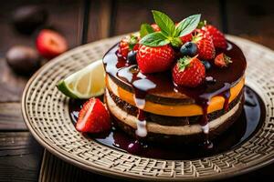 a stack of cake with strawberries, chocolate and berries. AI-Generated photo