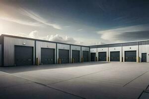 a large warehouse with two large doors. AI-Generated photo