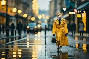 a fox in a yellow raincoat walking down a street. AI-Generated photo