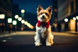 a dog wearing a red tie sits on the street at night. AI-Generated photo