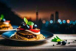 food on a plate with a city view. AI-Generated photo