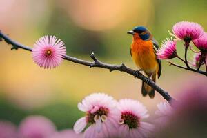 a colorful bird sits on a branch with pink flowers. AI-Generated photo