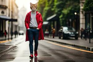 a cat wearing a red coat and a red hat walking down a street. AI-Generated photo