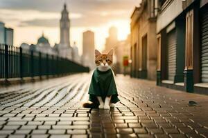 a cat in a green coat standing on a brick road. AI-Generated photo
