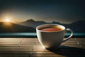 a cup of tea on a wooden table in front of a mountain view. AI-Generated photo