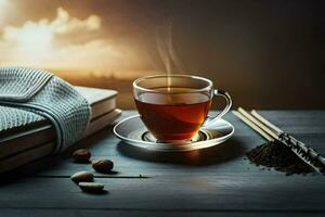 a cup of tea on a wooden table. AI-Generated photo