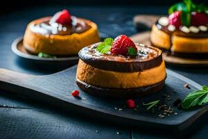 three cakes with chocolate and raspberries on a black background. AI-Generated photo
