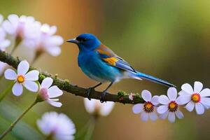 a blue bird sits on a branch with white flowers. AI-Generated photo