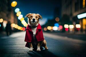 a dog wearing a red coat sits on the street at night. AI-Generated photo