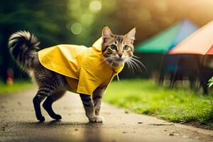 a cat wearing a yellow raincoat on a path. AI-Generated photo