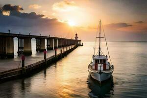 a boat docked at the pier at sunset. AI-Generated photo