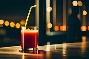 a glass of orange juice with a straw on a table. AI-Generated photo