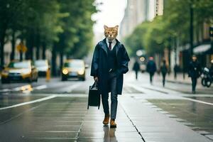 a man in a suit and tie walking down a street with a cat on his head. AI-Generated photo