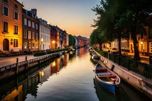 a canal with boats in the middle of a city. AI-Generated photo