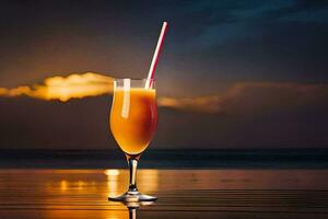 naranja jugo en un vaso en el playa. generado por ai foto