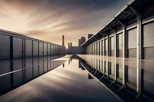 a long, empty warehouse with a sky in the background. AI-Generated photo