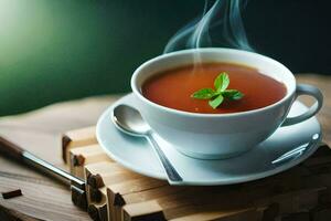 a cup of tea with a mint leaf. AI-Generated photo
