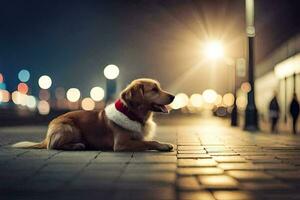 a dog wearing a red collar sitting on the sidewalk. AI-Generated photo