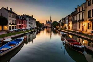 boats are docked along a canal at sunset. AI-Generated photo